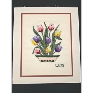 Vintage‎ Floral Crewel Embroidery Finished Matted Cottagecore 90s Granny Upcycle